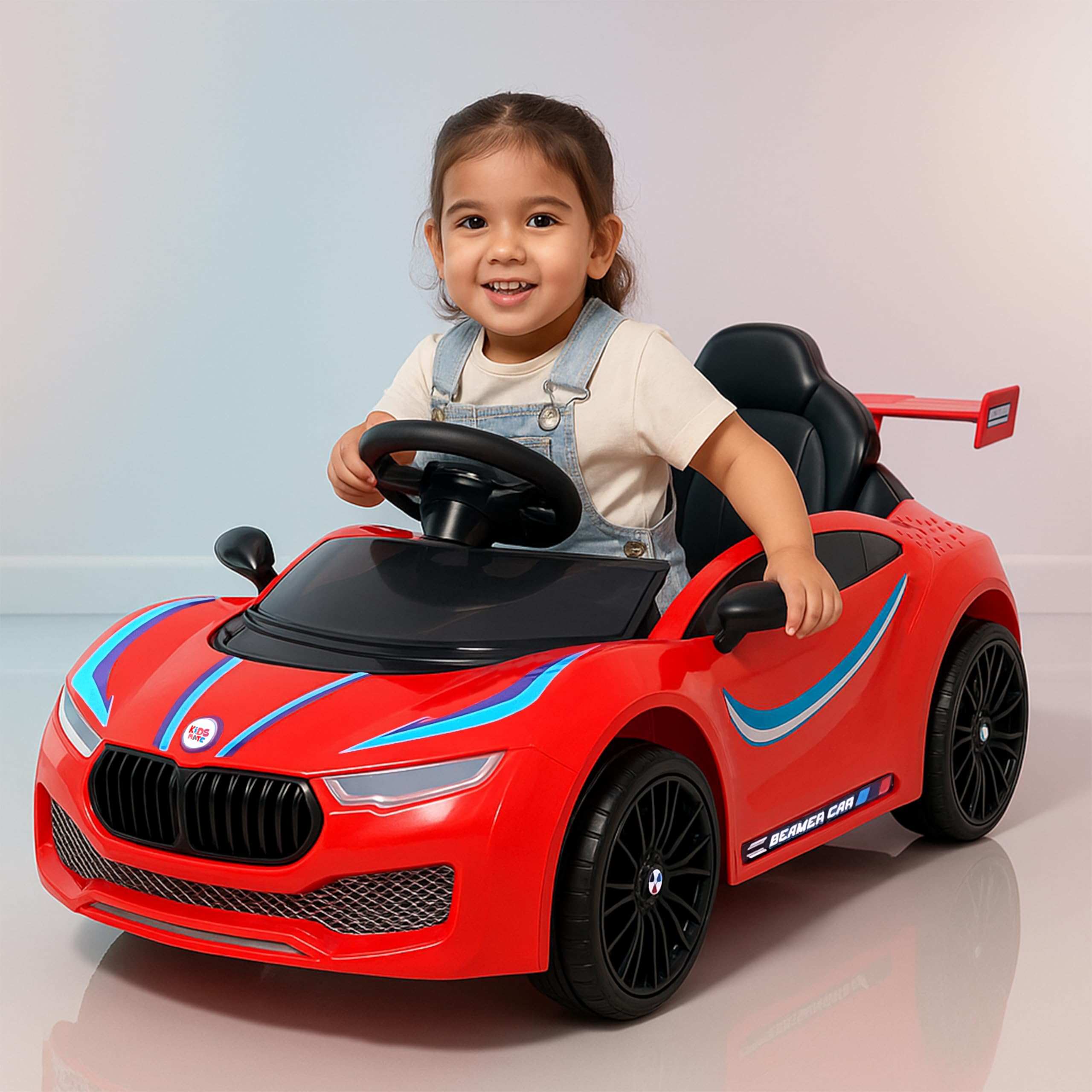 Kidsmate Beamer Electric Car for Kids Aged 1-3 Years | Battery Car for Kids with 6V Rechargeable Battery, Remote Control, Swing Function, Bluetooth Music Player & LED Lights | Up to 25 kg Capacity