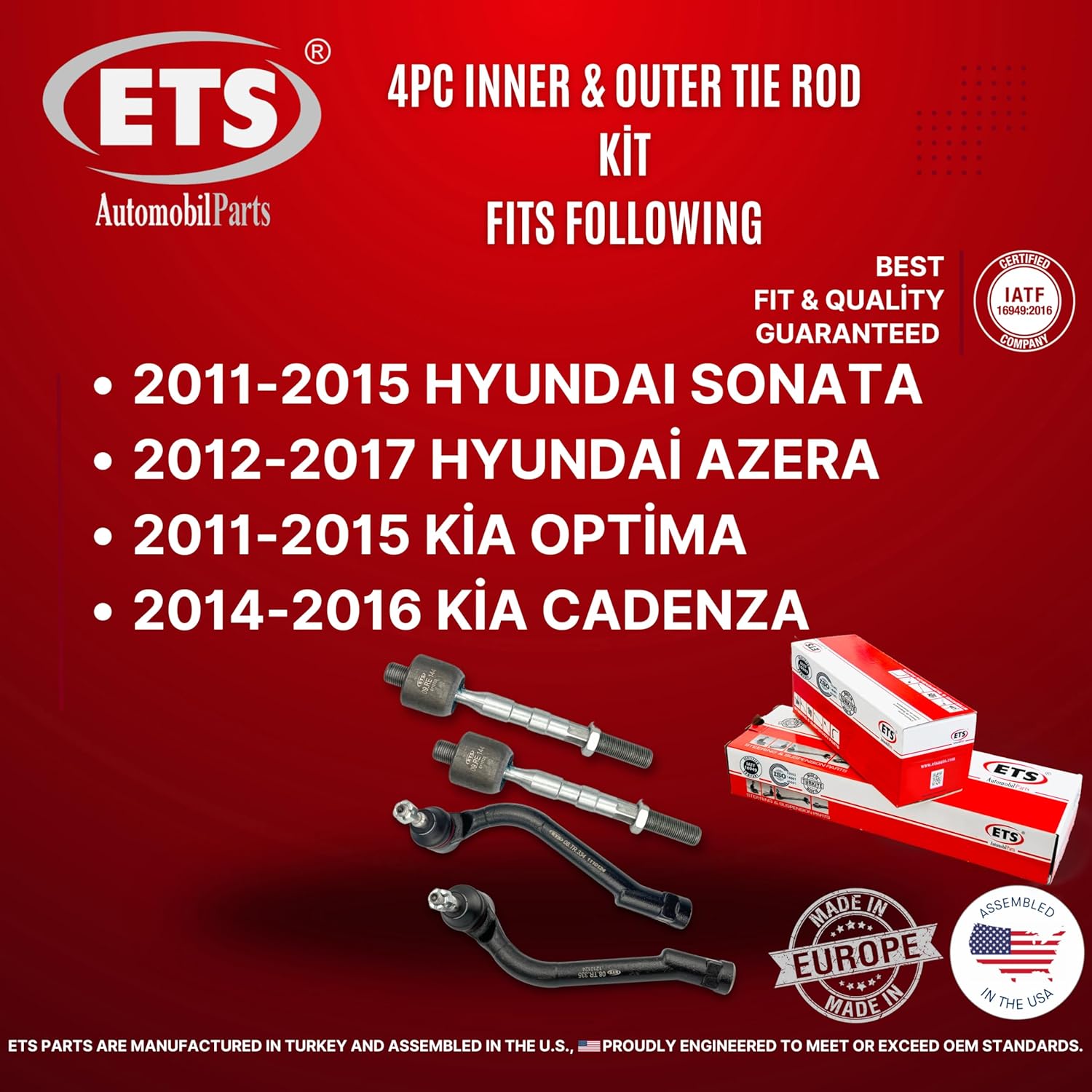 ETS 4Pc Inner Outer Tie Rod End Kit Fits 2011-2015 Hyundai Sonata / 12-17 Azera / 2011-2016 Kia Optima / 14-16 Cadenza EV800695, ES800717, ES800718