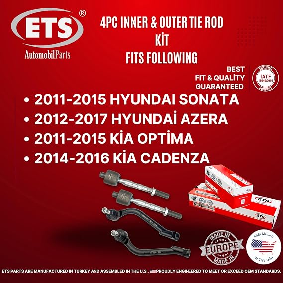 ETS 4Pc Inner Outer Tie Rod End Kit Fits 2011-2015 Hyundai Sonata / 12-17 Azera / 2011-2016 Kia Optima / 14-16 Cadenza EV800695, ES800717, ES800718 (Excluding Hybrid Models)