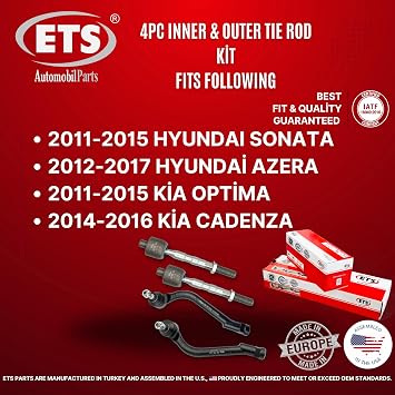 ETS 4Pc Inner Outer Tie Rod End Kit Fits 2011-2015 Hyundai Sonata / 12-17 Azera / 2011-2016 Kia Optima / 14-16 Cadenza EV800695, ES800717, ES800718 (Excluding Hybrid Models)