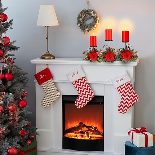 Miniatura 6 de Yunlly Juego de 3 candelabros de centro de mesa de Navidad con velas sin llama, candelabro adornado de flor de pascua para Navidad, fiesta familiar,