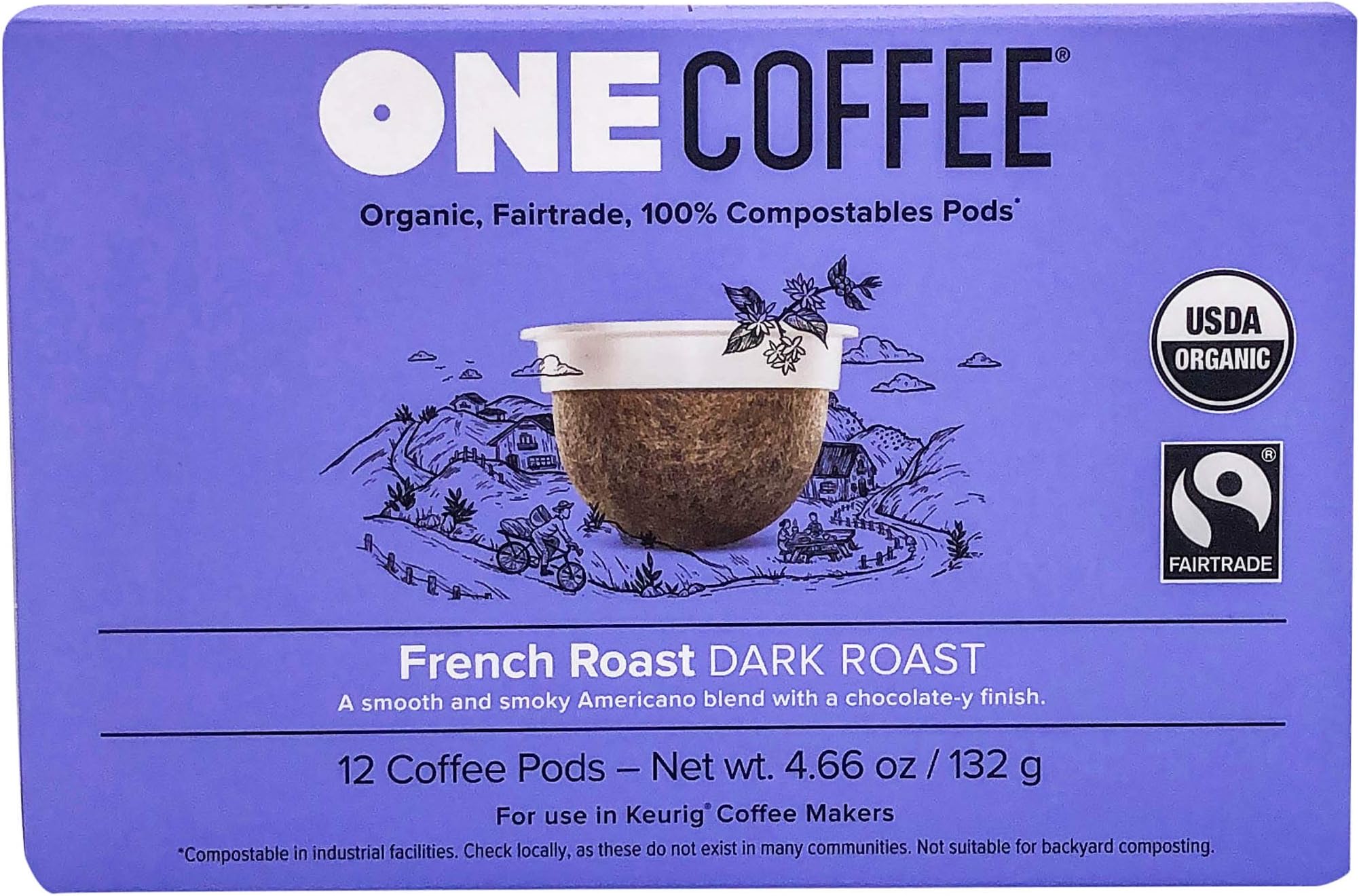 OneCoffee Organic French Roast 12 Count Single Serve Coffee 100% Compostable K Cup for Keurig Machines - Dark Roast