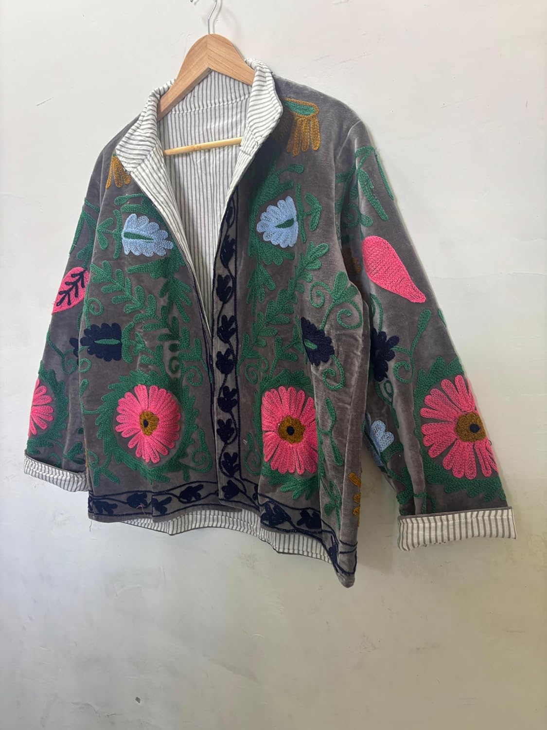 Embroidered Floral Jacket, Gray Velvet, Striped Lining, Colorful Flower Design, Open Front, Reversible Style