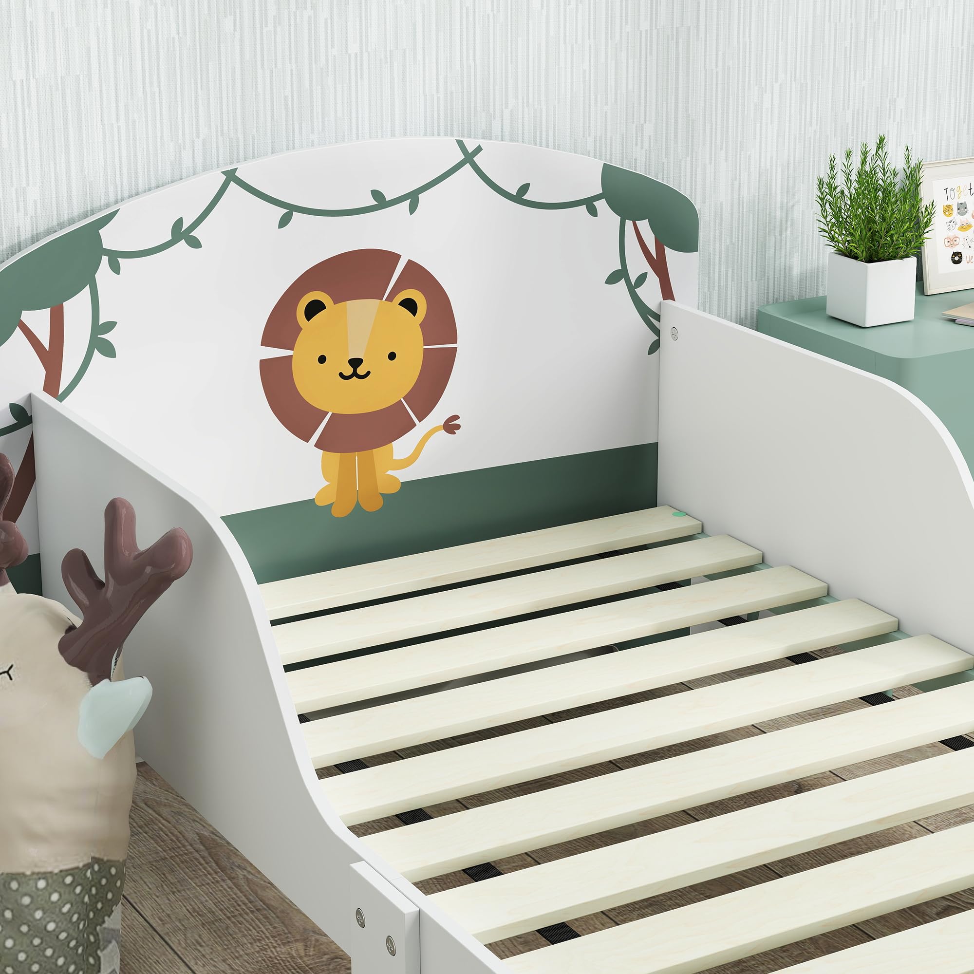 AIYAPLAY Lit Enfant 70x140cm, Lit pour Enfant avec Barrière de Sécurité et Sommier à Lattes en Bois, Espace de Rangement, Motif de Lion, pour Garçons et Filles de 3 à 8 Ans, Vert (Matelas Non Inclus)