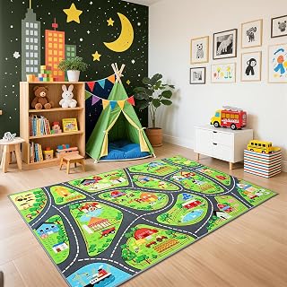 BENRON Farmyard Car Play Rug 3x5 for palyroom, Educational PlayMat for Kids