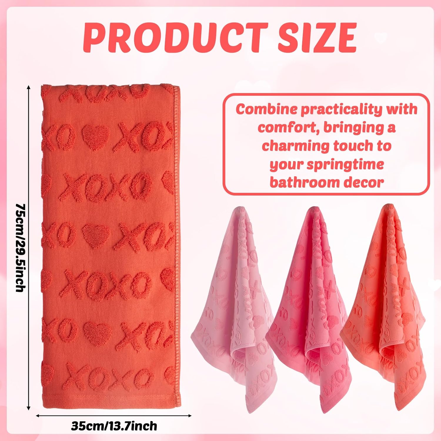 3 Pack XOXO Valentine's Day Hand Towels Gradient Red Bathroom Decorative 100% Cotton Soft Absorbent Decorative Soft Hand Towel Set for Kitchen Drying Cleaning Cooking Holiday 13.7'' x 29.5'' - Image 2