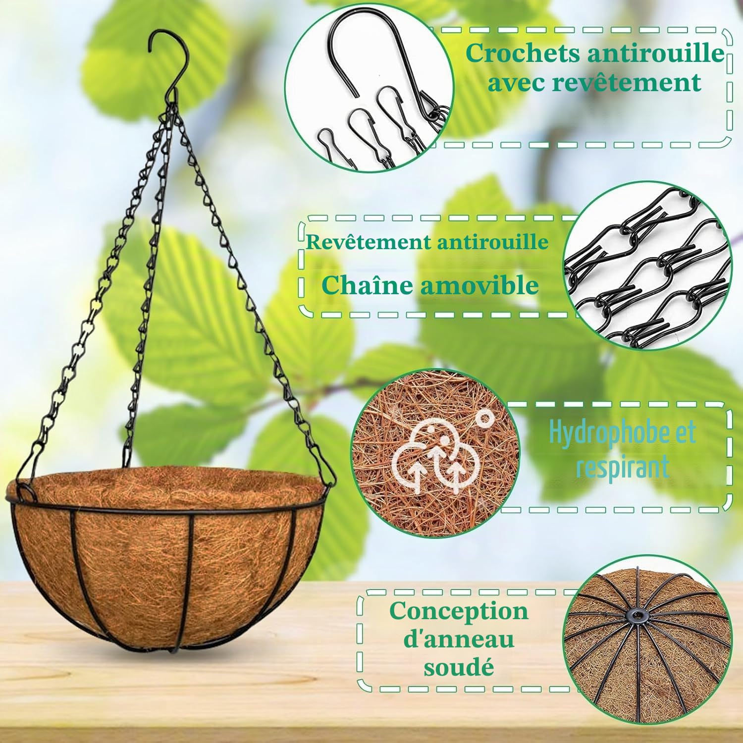 LATERN 4 Pièces Pots à Suspendu en Métal avec Doublure en Coco, 20CM Panier de Fleurs Ronds Suspendus de Doublure en Fibre de Coco avec 40CM Chaîne pour Jardin Porche Patio Plante Fleur Décoration