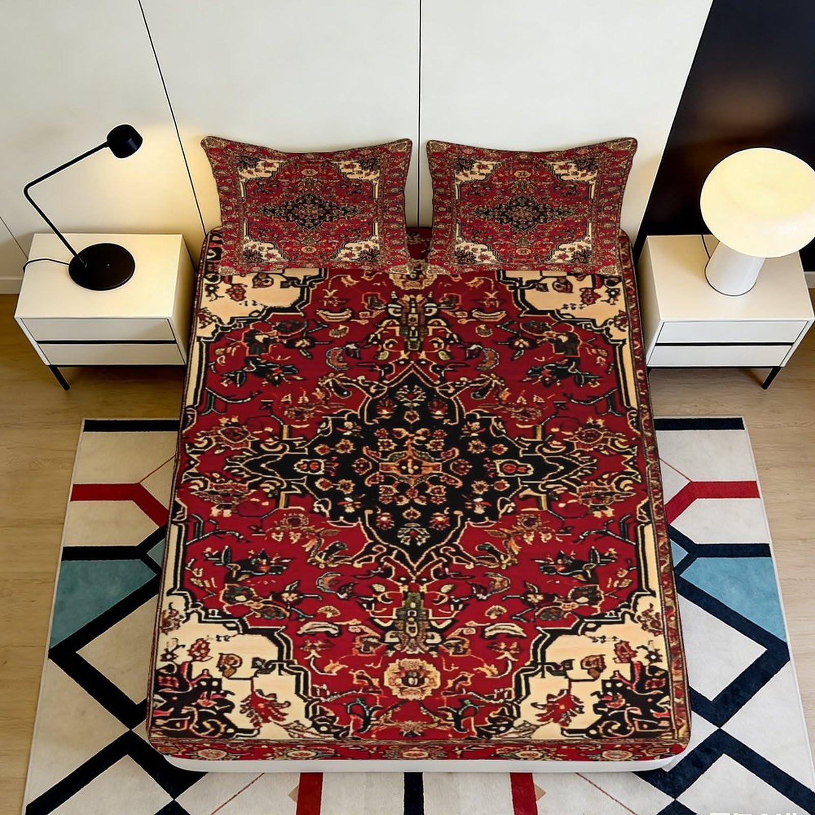 3D Printed Persian Vintage Pattern Fitted Sheet Microfiber Red Black Bed Cover for Bedroom Dorm Mattress Protection 90x200x25cm