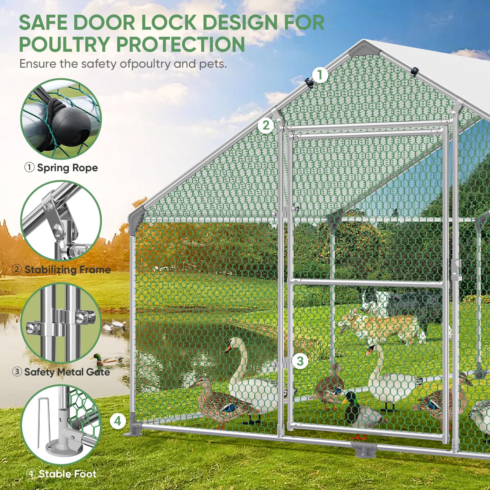 Gallinero para Exterior, Gallineros Grandes de Metal Galvanizado, Jaula para Gallinas con Candado, Gallinero Exterior con Techo de Polietileo pano ra Protección Solar, 8x3x2m
