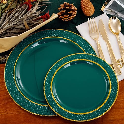 Miniatura 4 de FLOWERCAT 175 platos de plástico verde con borde dorado y platos de Navidad, platos de plástico verde y dorado y cubiertos de plástico dorado, ideal