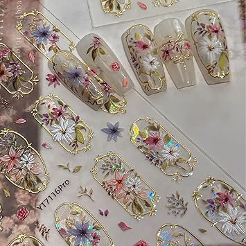 Flower Nail Art Stickers Spring Summer Flowers Nail Stickers 5D Embossed Gold Retro Nail Decals Self Adhesive Cute Nail Art Supplies Shiny Floral Manicure Sliders Decorations for Women Girls