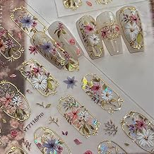 Flower Nail Art Stickers Spring Summer Flowers Nail Stickers 5D Embossed Gold Retro Nail Decals Self Adhesive Cute Nail Art Supplies Shiny Floral Manicure Sliders Decorations for Women Girls