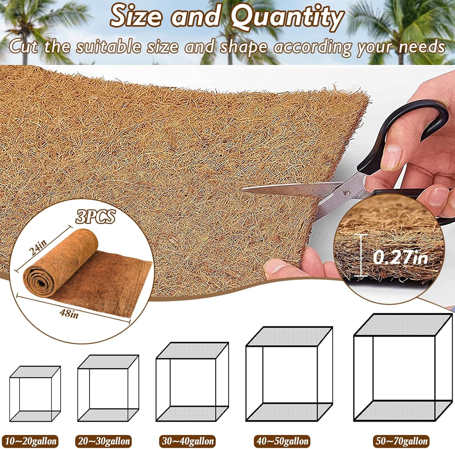 ZeeDix 3 Rolls Reptile Carpet, 24 x 48 inches Natural Coconut Fiber Liner Mat Flooring Accessories for Reptile Tank - Bearded Dragon Tortoise Lizard Turtle Snake Leopard Gecko Substrate Bedding