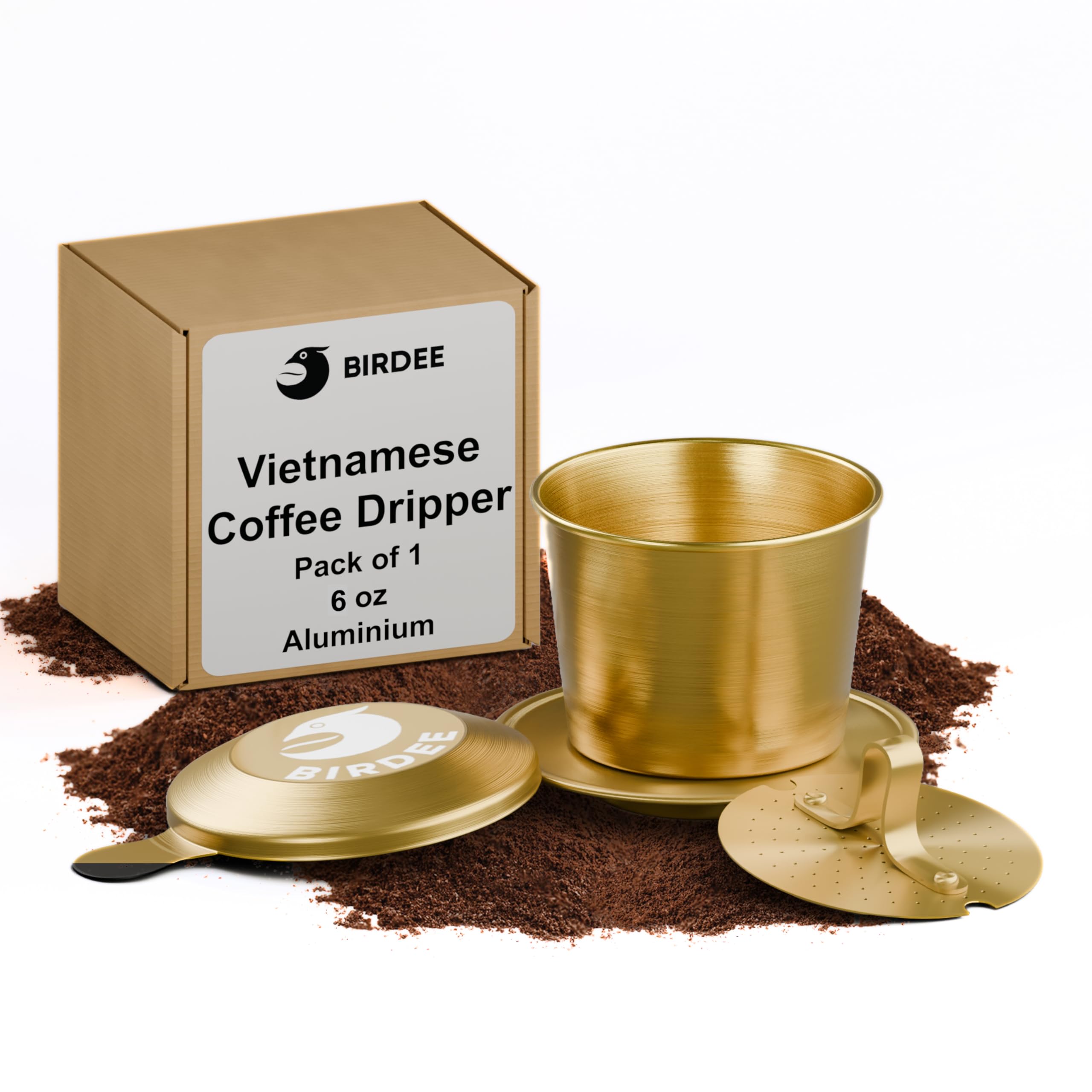 Birdee Aluminum Vietnamese Coffee Dripper – Gold, 6 oz, Phin Filter, Premium and Portable, Perfect for Ca Phe Sua Da, Home Use, Camping and Gift Sets