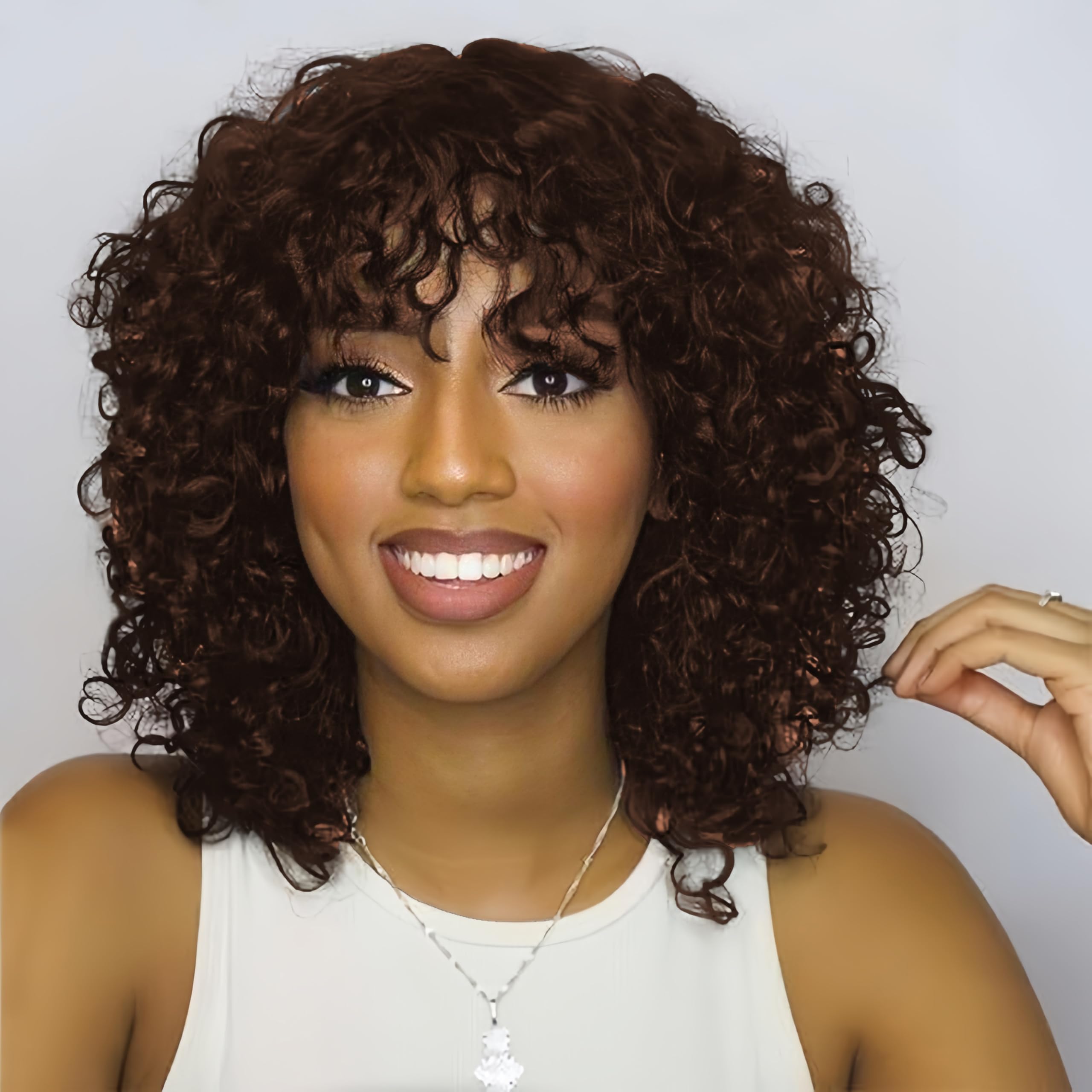 Youngirl Chocolate Brown Short Curly Wig Human Hair Wigs for Black Women Human Hair Glueless 4# Brown Colored Curly wig with bangs Brazilian Virgin