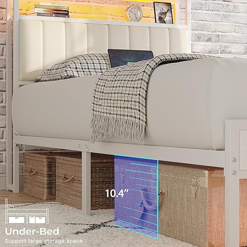 Miniatura 50 de Base de cama de tamaño individual con estación de carga y luces LED, marco de cama de metal con cabecero, cabecera tapizada negra con estantes de