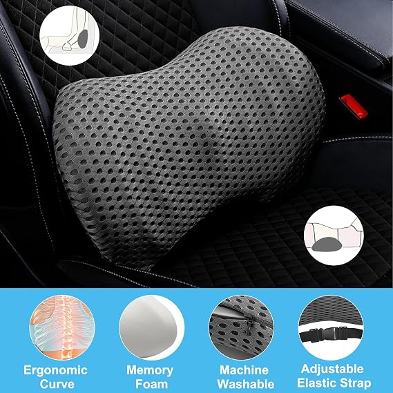 DAWRIS Lumbar Support Memory Foam Pillow, Lumber Support Cushions with Detachable Elastic Strap for Car Office Chair, Adjustable Car Seat Back Support Pillow for Promotes Back Pain Relief