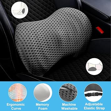 DAWRIS Lumbar Support Memory Foam Pillow, Lumber Support Cushions with Detachable Elastic Strap for Car Office Chair, Adjustable Car Seat Back Support Pillow for Promotes Back Pain Relief