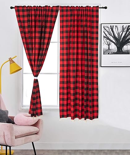 ShinyBeauty Cortinas a cuadros de búfalo con borlas de 54 x 96 pulgadas, juego de 2 paneles, cortinas de ventana a cuadros rojos y negros, cortinas