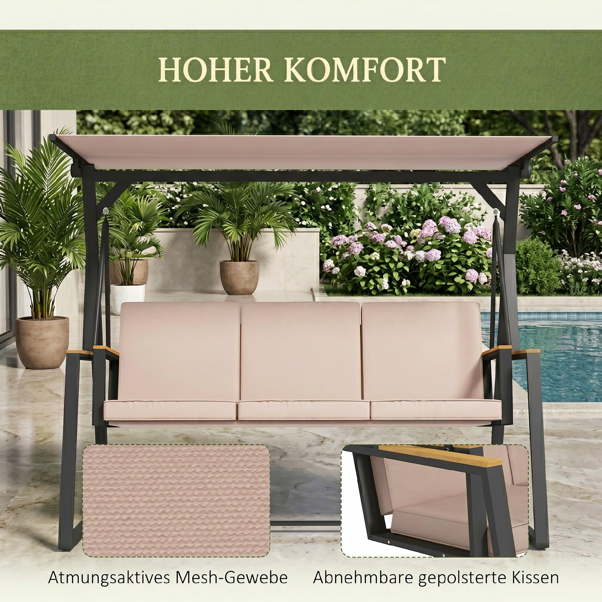 Outsunny Hollywoodschaukel 3-Sitzer Schaukelbank mit Kissen, Gartenschaukel mit regulierbarem Dach, bis zu 300 kg Tragfähigkeit, 205 x 130 x 175 cm, Khaki