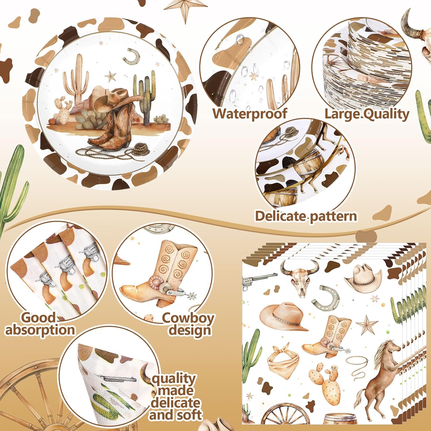 Pickmesh 250 Pcs Western Cowboy Party Decorations Wild West Disposable Tableware Set Cowboy Paper Plates Napkins and Cups for Rodeo Birthday Baby Shower Party Decorations Serve 50