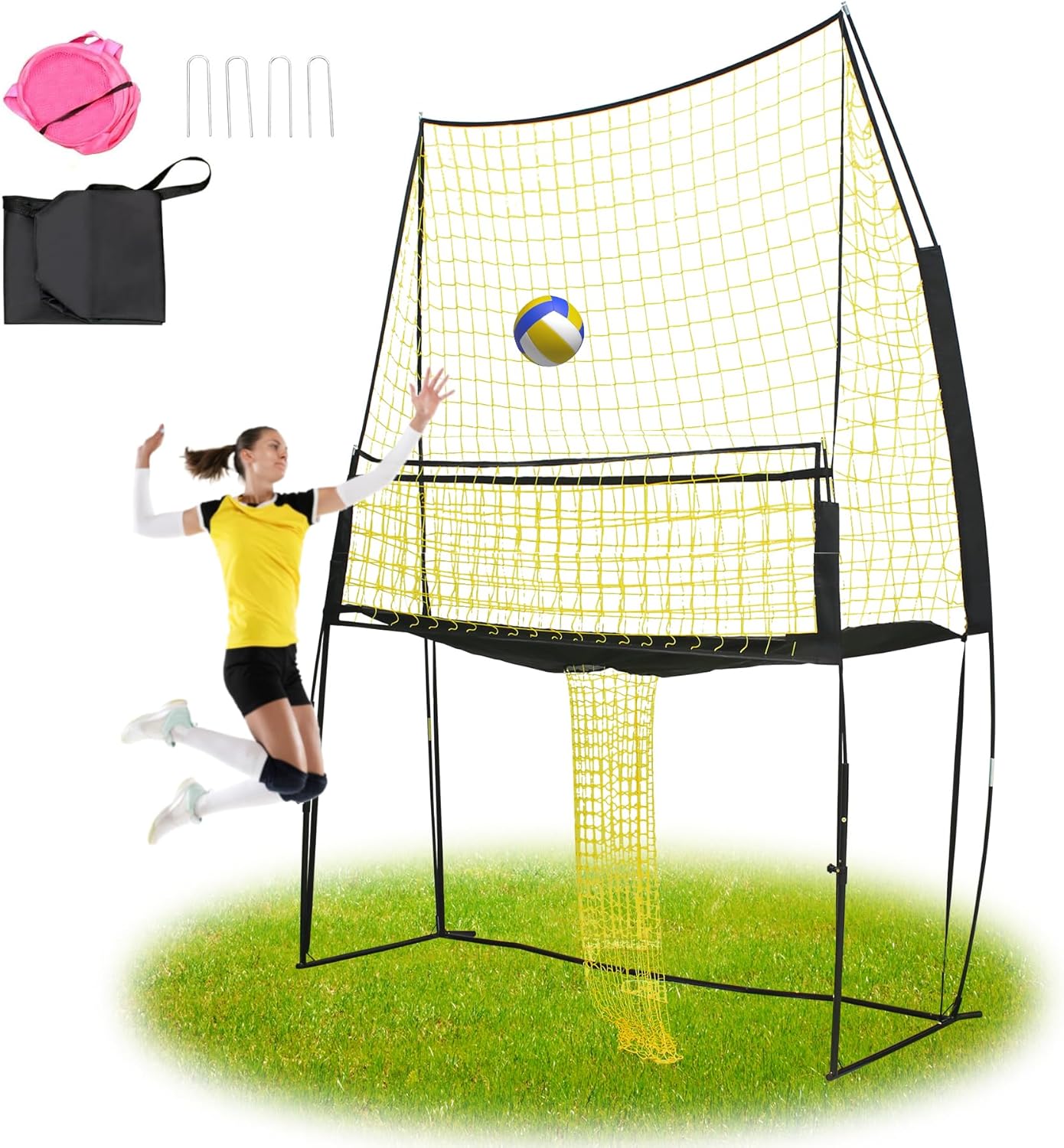 Adjustable Volleyball Training Net – 11ftx8ft, Portable Volleyball Practice Net for Serving, Spiking, Setting – Yellow & Black, Easy Setup for Indoor/Outdoor Use