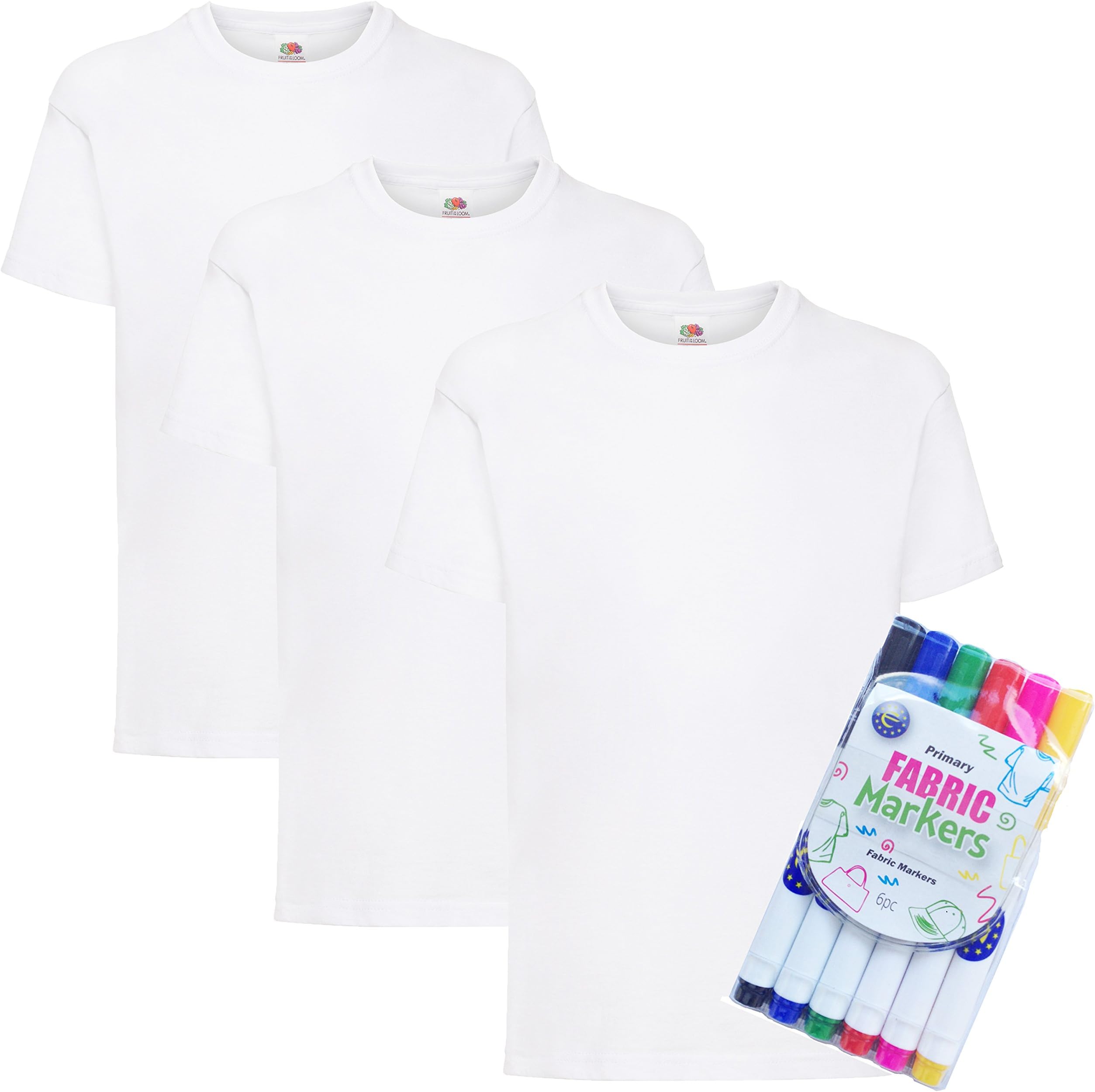 3 Pack Childrens Fruit of the Loom T Shirts with Free Fabric Pens (5/6, White)