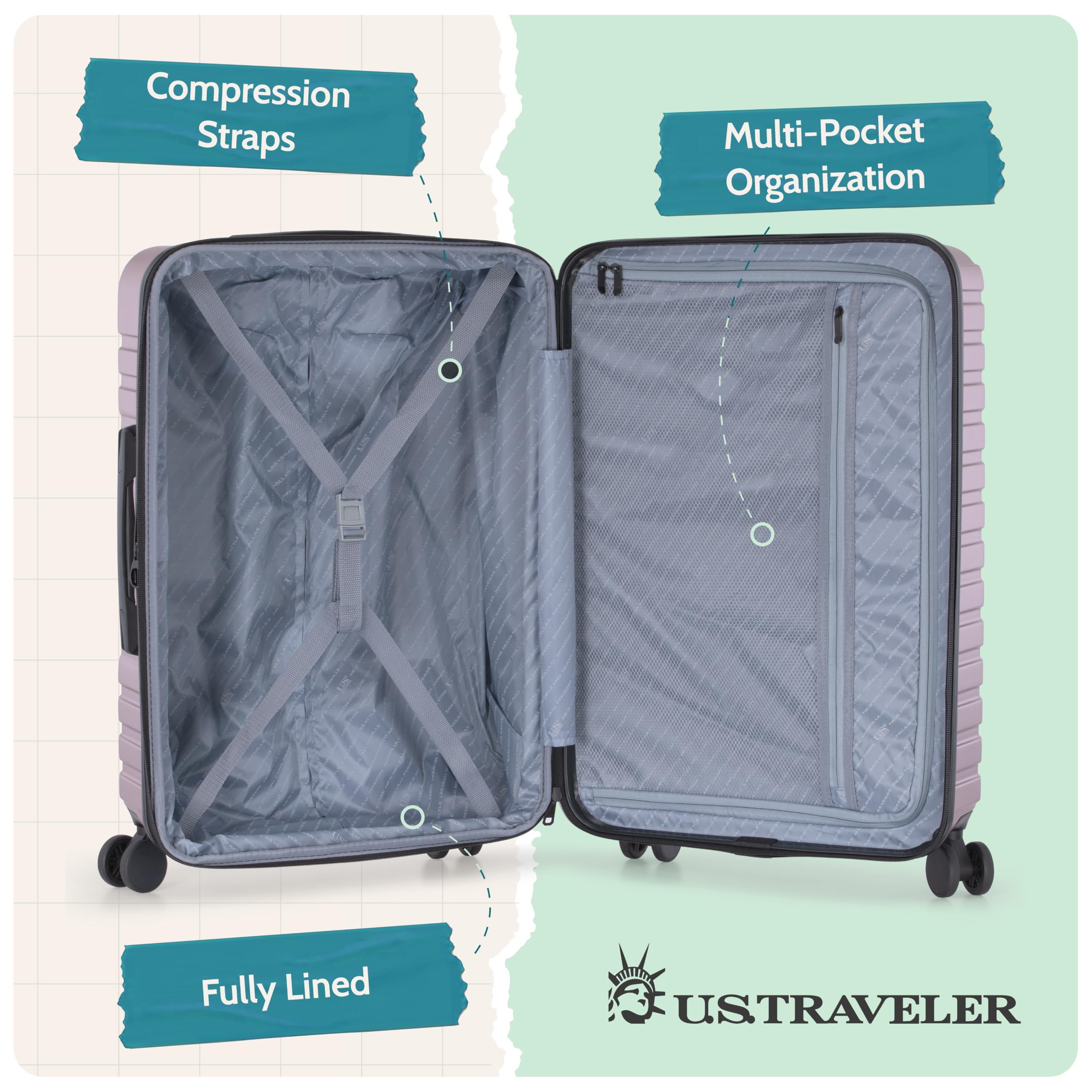 U.S. Traveler Boren - Equipaje de Viaje Resistente expandible con 8 Ruedas giratorias, orquídea, Juego de 2 Piezas