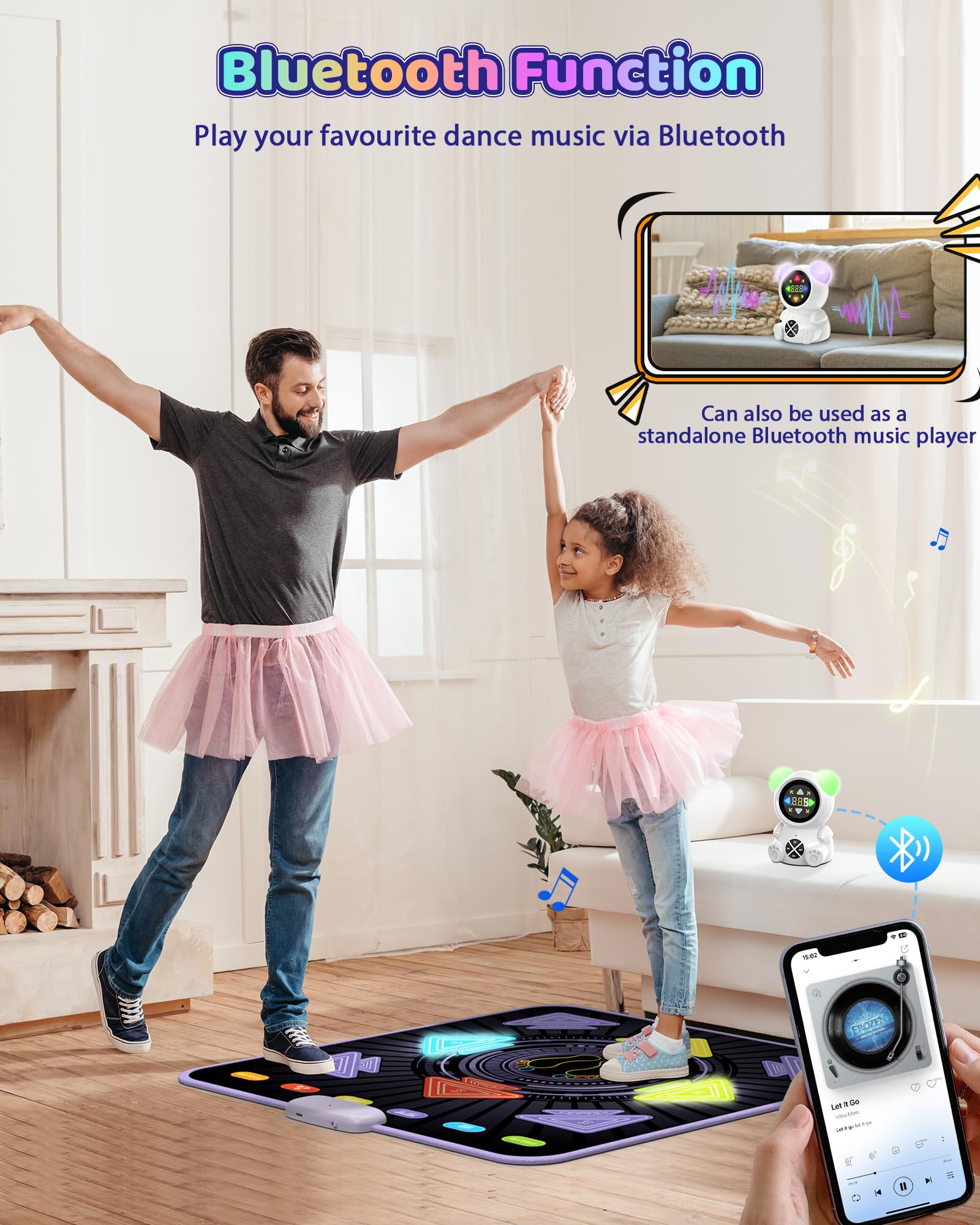 Tappetino da Ballo Ricaricabile per Bambini - Tappetino Luminoso per sfide di Ballo con Lettore Musicale Portatile Bluetooth Connect e 5 modalità, Regalo per Ragazze di 3-12 Anni, Ragazzi