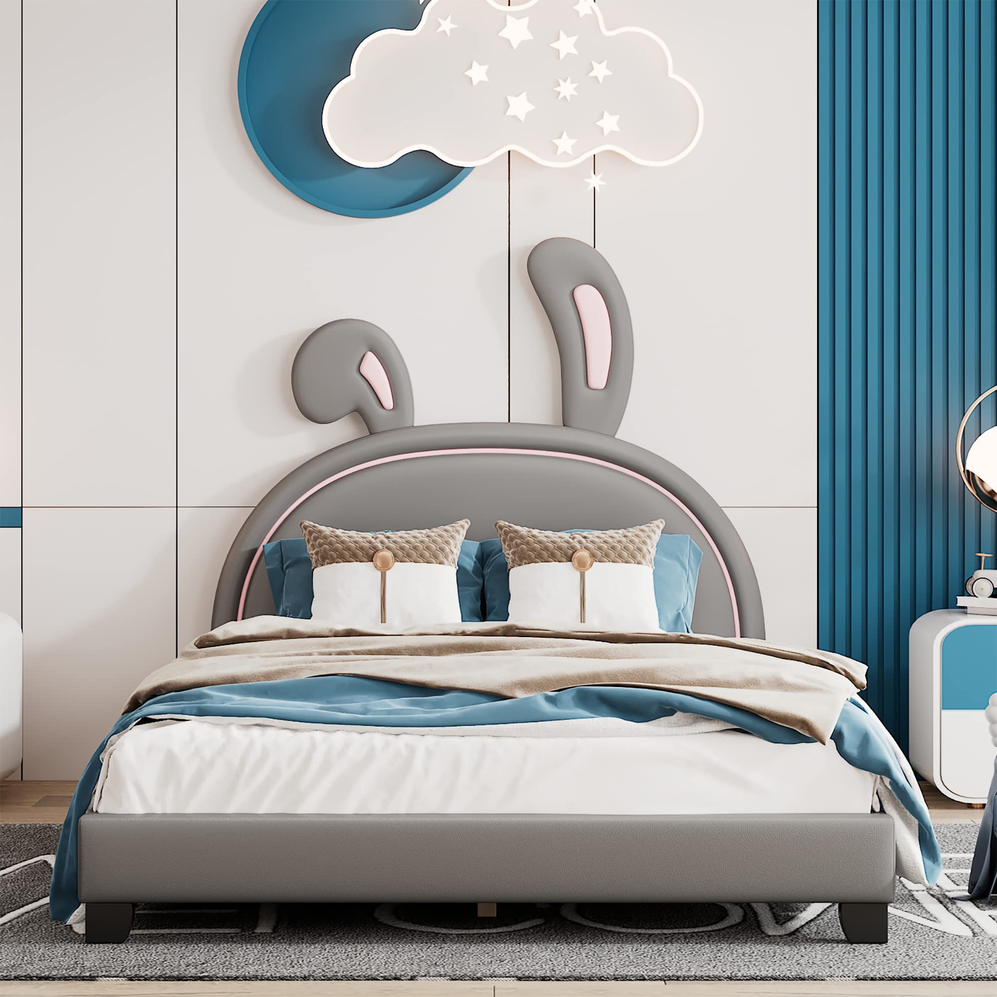 Merax Full Size Upholstered Leather Platform Bed with Bunny Ears Headboard, Platform Bed Frame with Rabbit Ornament for Kids, Child's Bedroom, No Box Spring Needed, Gray