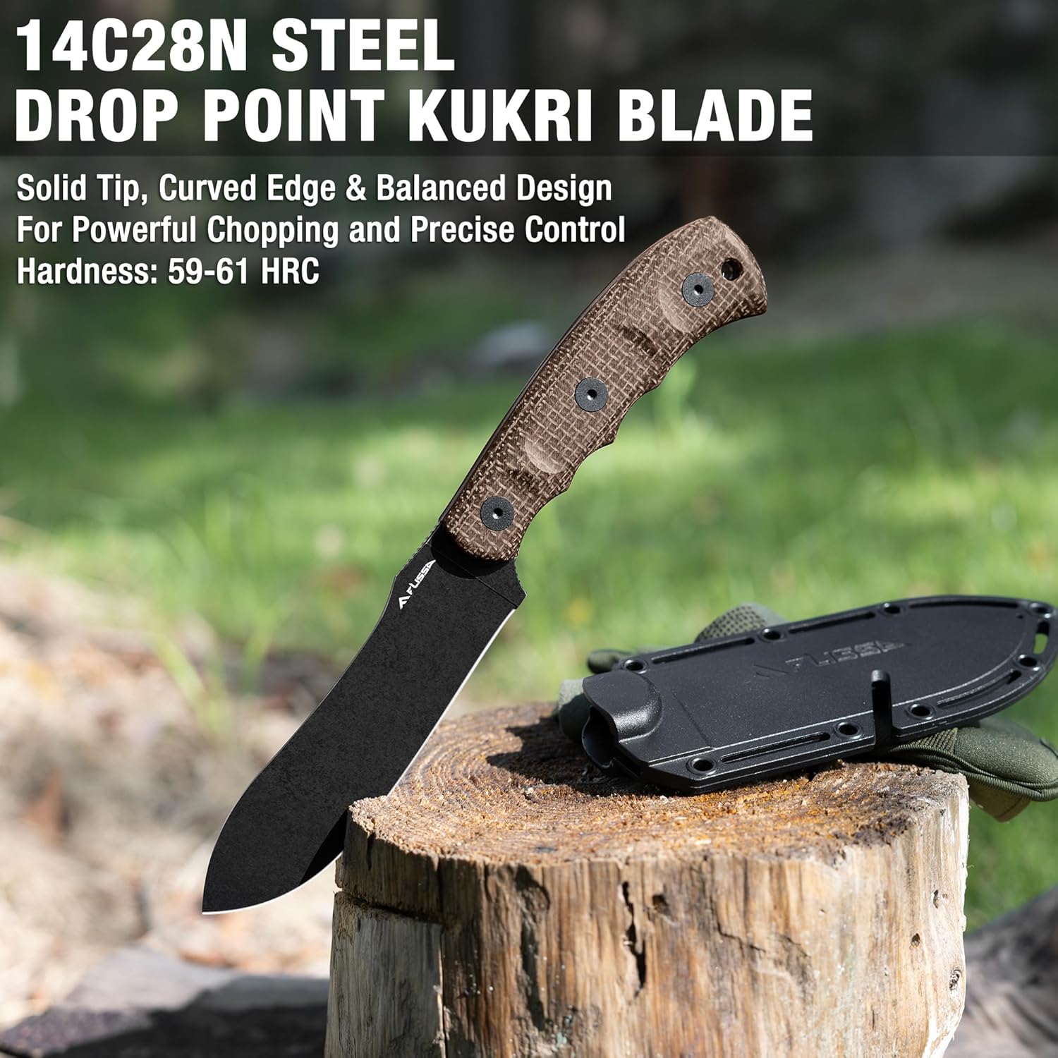 FLISSA 4.7" Fixed Blade Full Tang Hunting Kukri Knife with 14C28N Steel Blade, Nylon Sheath, G10 and Linen Handle, Rope Cutter & Folding Knife with D2 Steel Blade