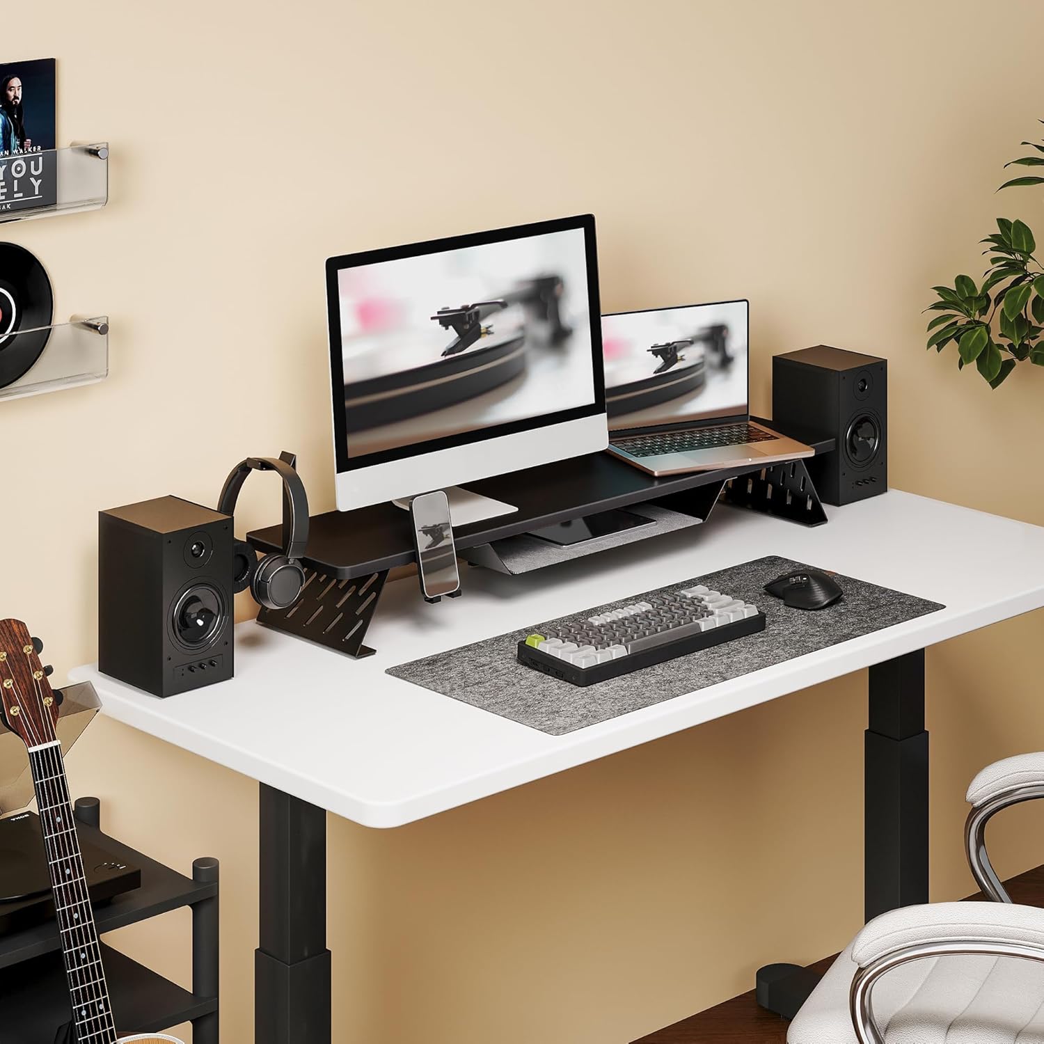 Fenge Dual Monitor Stand, 42.5 Inch Monitor Riser for Desk, Wood Desk Shelf for 2 Monitors, 2 Tier Monitor Shelf with Headphone Stand & Phone Holder