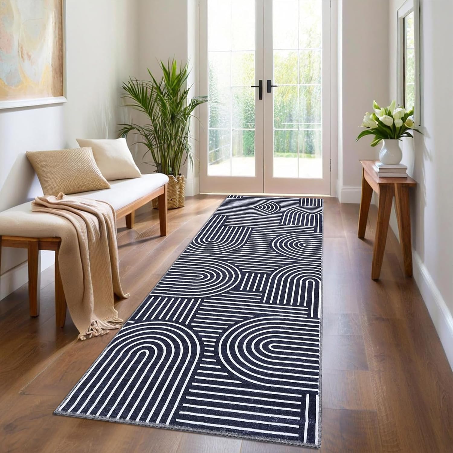 GarveeHome Washable Abstract Rug Runners 2x6 Non Slip Non Shedding Blue Bathroom Rug Low Pile Soft Bedside Rug Modern Rainbow Runner Rug for Hallway Porch Laundry Room Dining Table Under, Blue