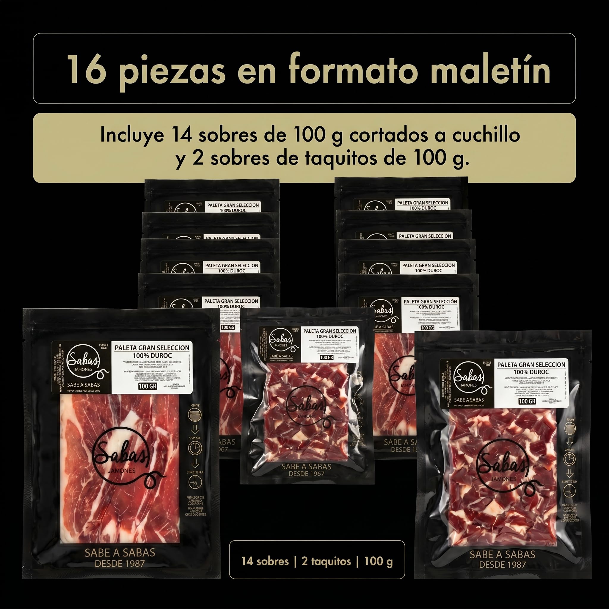 Paleta 100% Duroc Gran Seleccion Cortada a Cuchillo Maletin 16 Sobres 100g | Lote de 1,6 kilos: catorce raciones loncheadas y dos de taquitos, para regalo de empresa y Navidad; atemperar antes de servir
