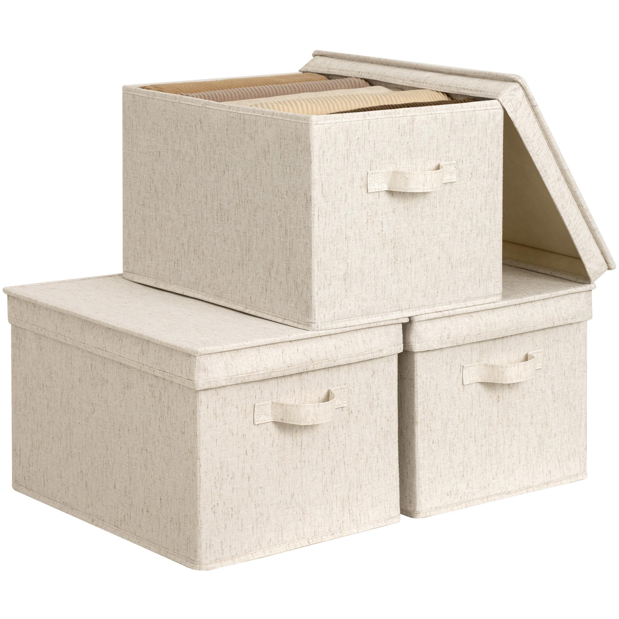 StorageWorks Aufbewahrungskorb mit Deckel, dekorative Aufbewahrungsboxen mit PU-Griffen, stapelbare Stoff-Aufbewahrungskörbe für Schrank, Regale, Beige (Baumwolle-Leinen), Jumbo, 3 Stück