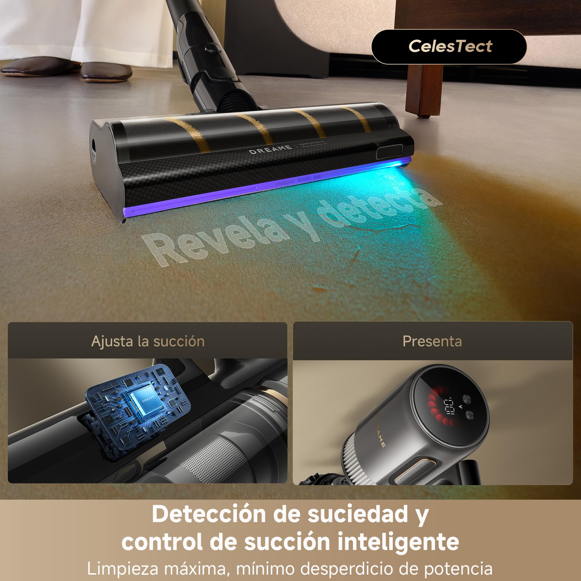 DREAME V20 Pro-A Aspirador Sin Cable, Limpieza de Bordes a 0 mm, Sin Enredos, Limpieza de Suelos Duros y Alfombras, 24000 PA/Succión de 210 AW, 90 min de Autonomía Máx., Limpieza de Pelo de Mascotas