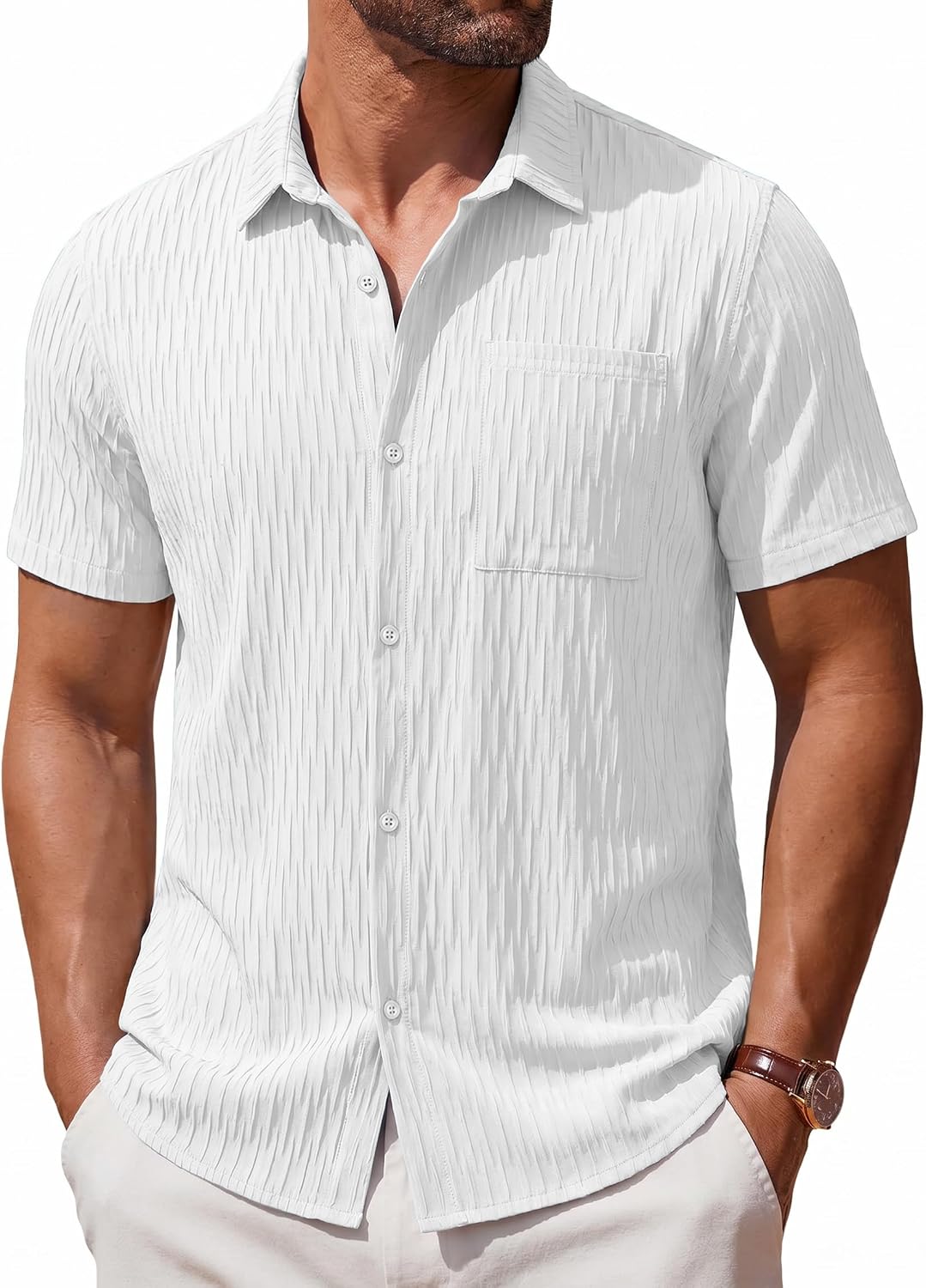 MAGNIVIT Men's Button Down Short Sleeve Shirts Casual Textured Summer Beach Shirt with Pocket
