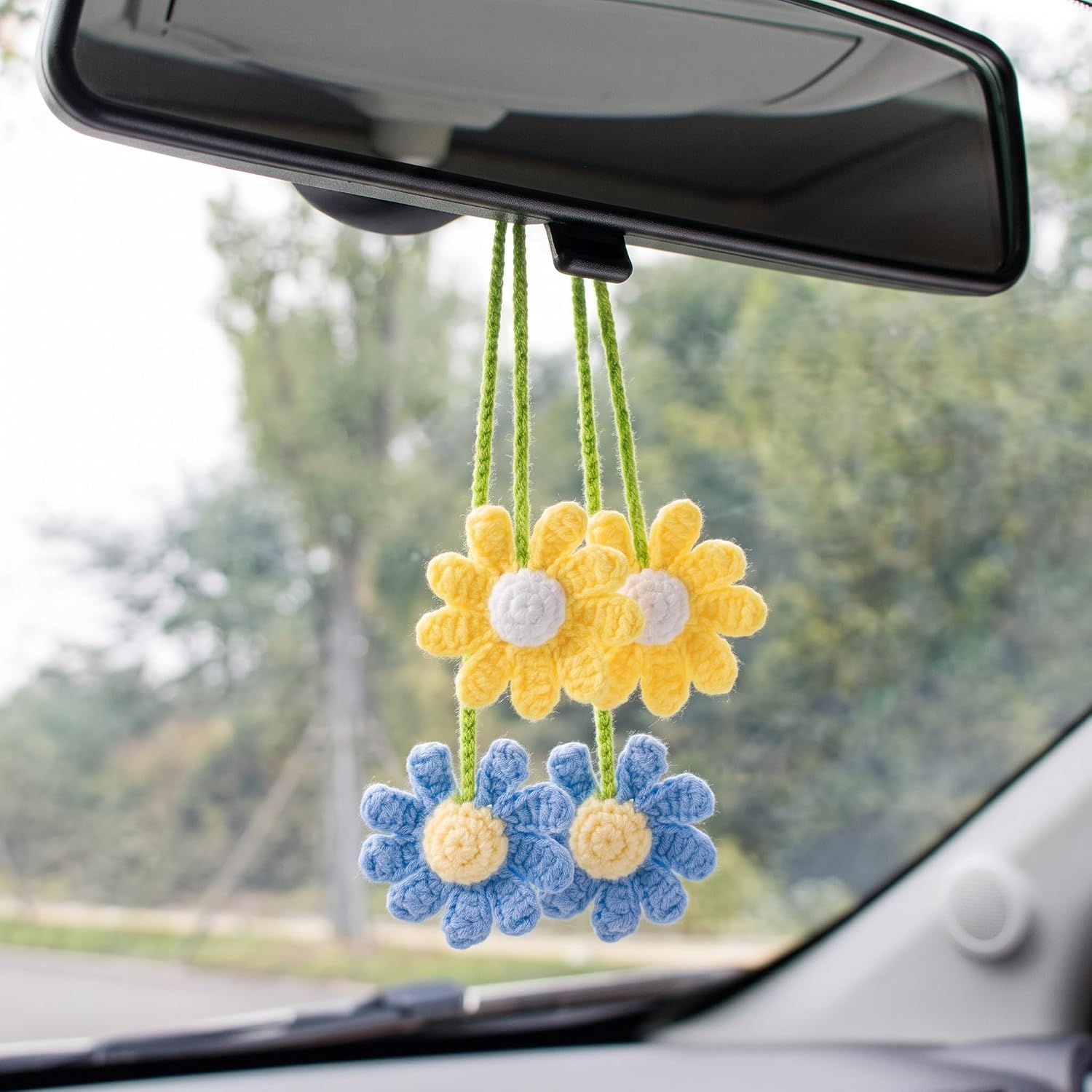 Canlierr 2 Pcs Crochet Flower Car Accessories for Women, Blue,Yellow