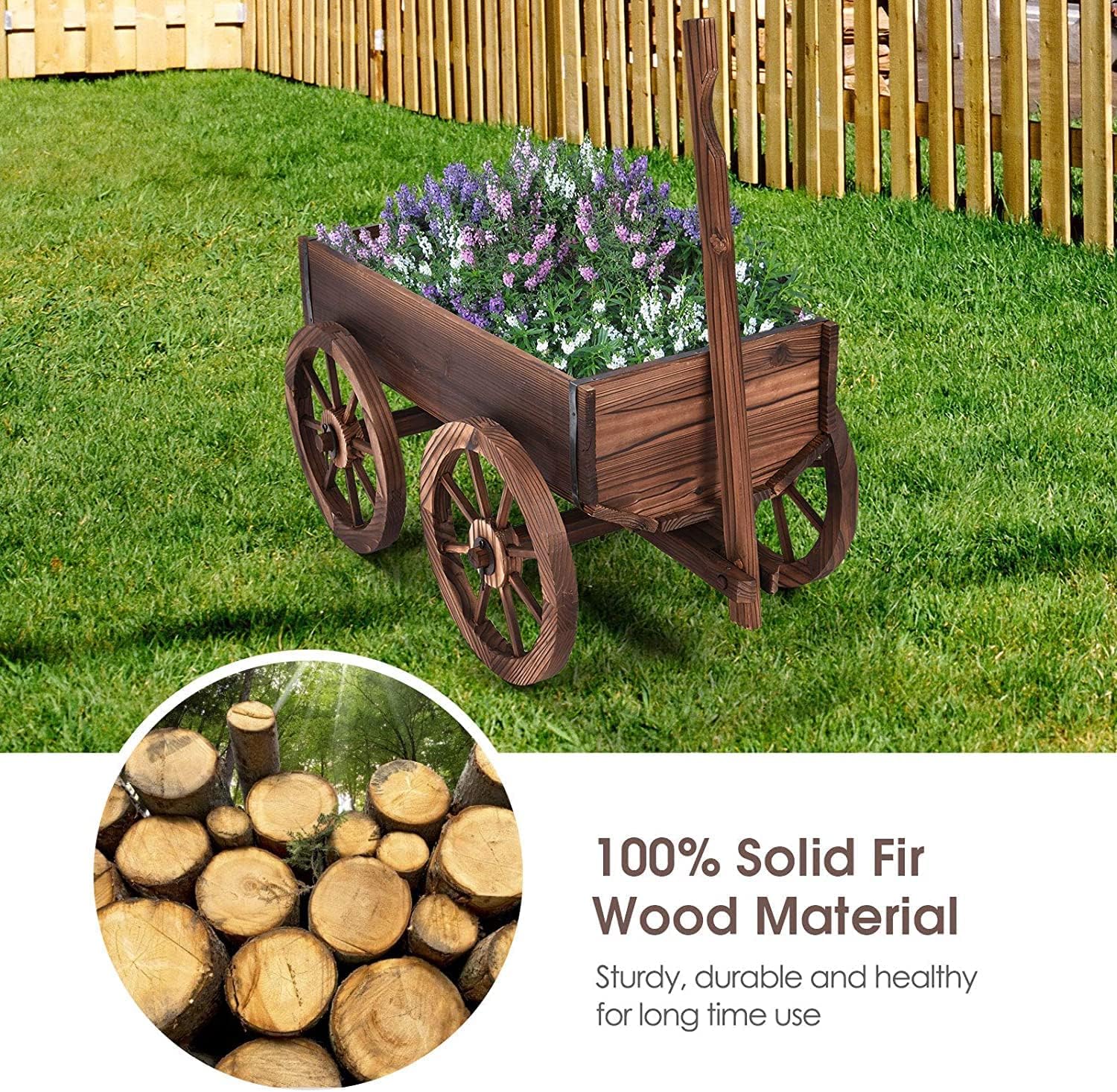 GRAFFY Wood Wagon, Wooden Flower Planter with Handle and Wheels, Decorative Planter, Flower Pot Holder for Patio Balcony Lawns Backyard Decor