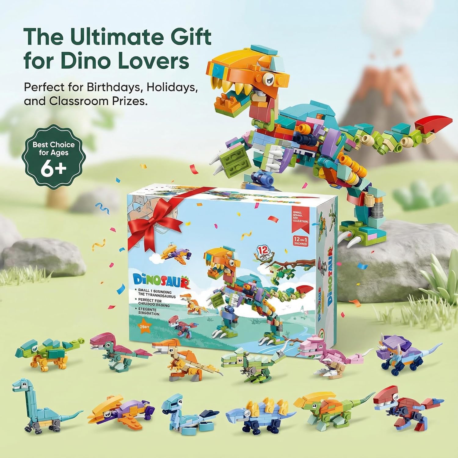 QMEAKMONY 12-in-1 Dinosaur Building Blocks Set with Mega Tyrannosaurus Combo, STEM Educational Kit, Build 12 Individual Dinosaurs or 1 Giant T-Rex for Boundless Creative Play