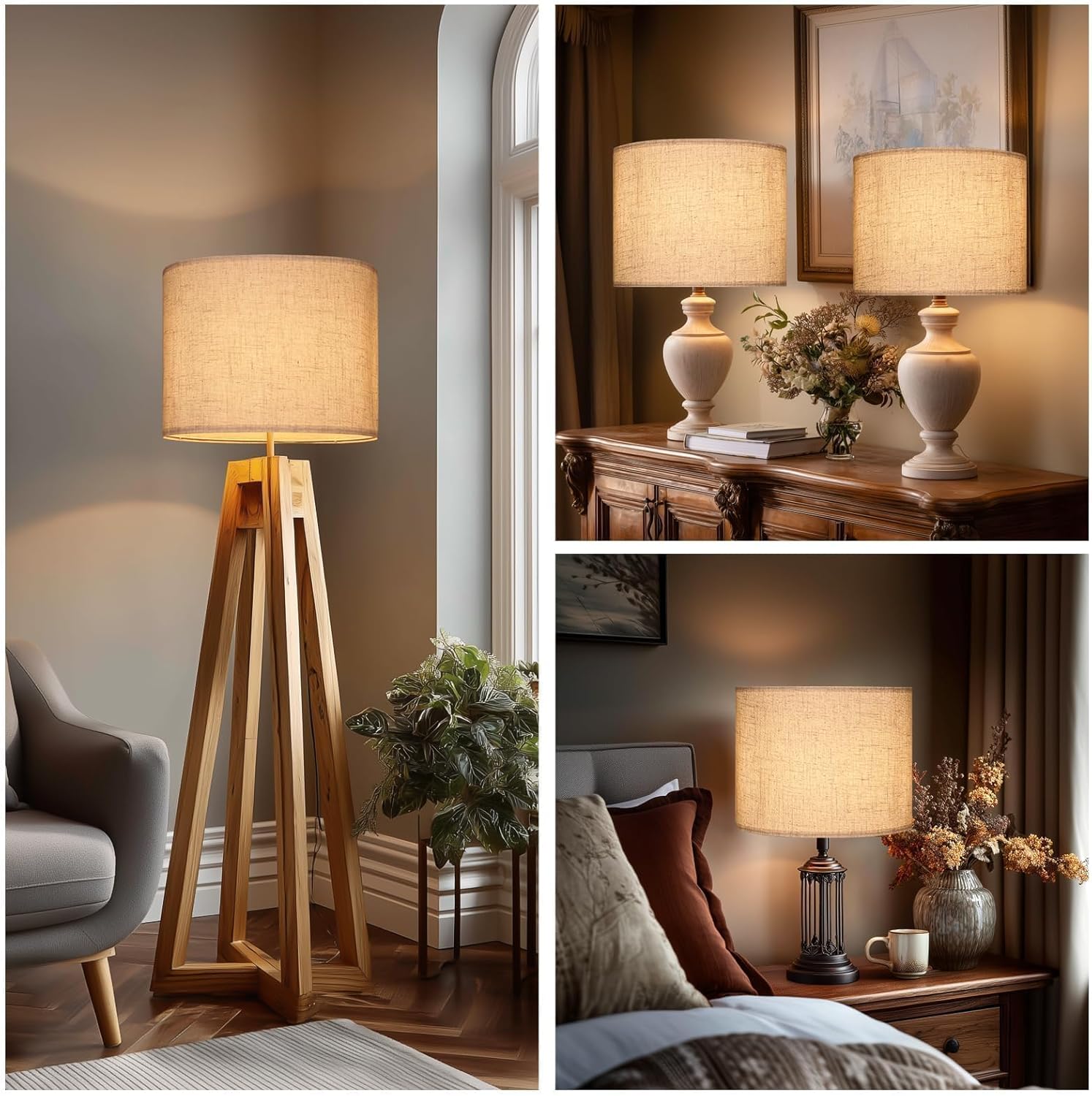 Extra Large Brown Lamp Shades Set of 2 Natural Linen Lampshade 15" Top X 15" Bottom X 12" Height for Home Bedroom Living Decor Table Lamps Floor Lamps Replacement Easy Assembly Required Spider Fitter