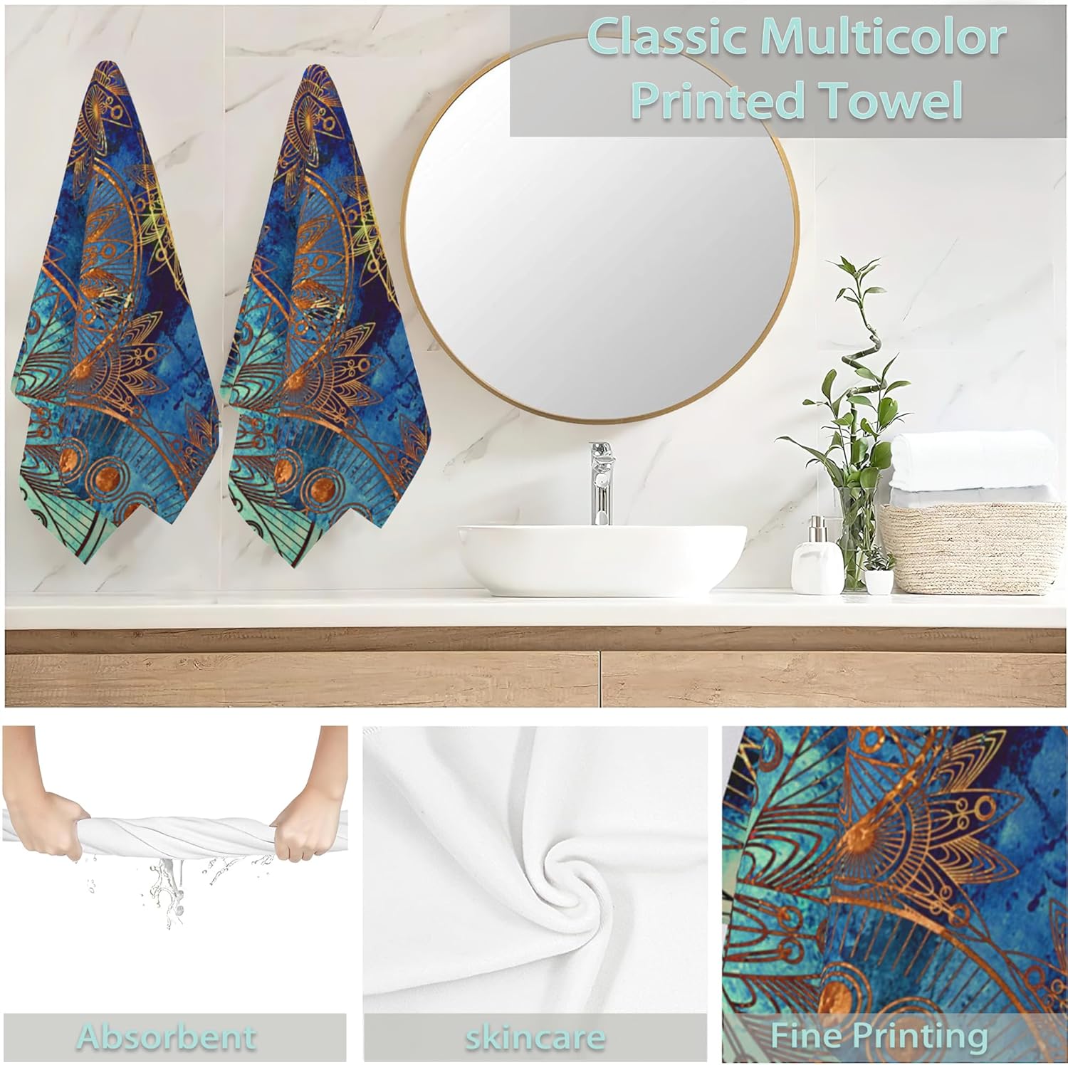 2 Pack Hand Towels for Bath,Golden Art Damask Floral Decorative Towels Highly Absorbent Soft Towels for Bathroom Beach Kitchen Spa Gym Face Towel 14x28 Inch - Image 6