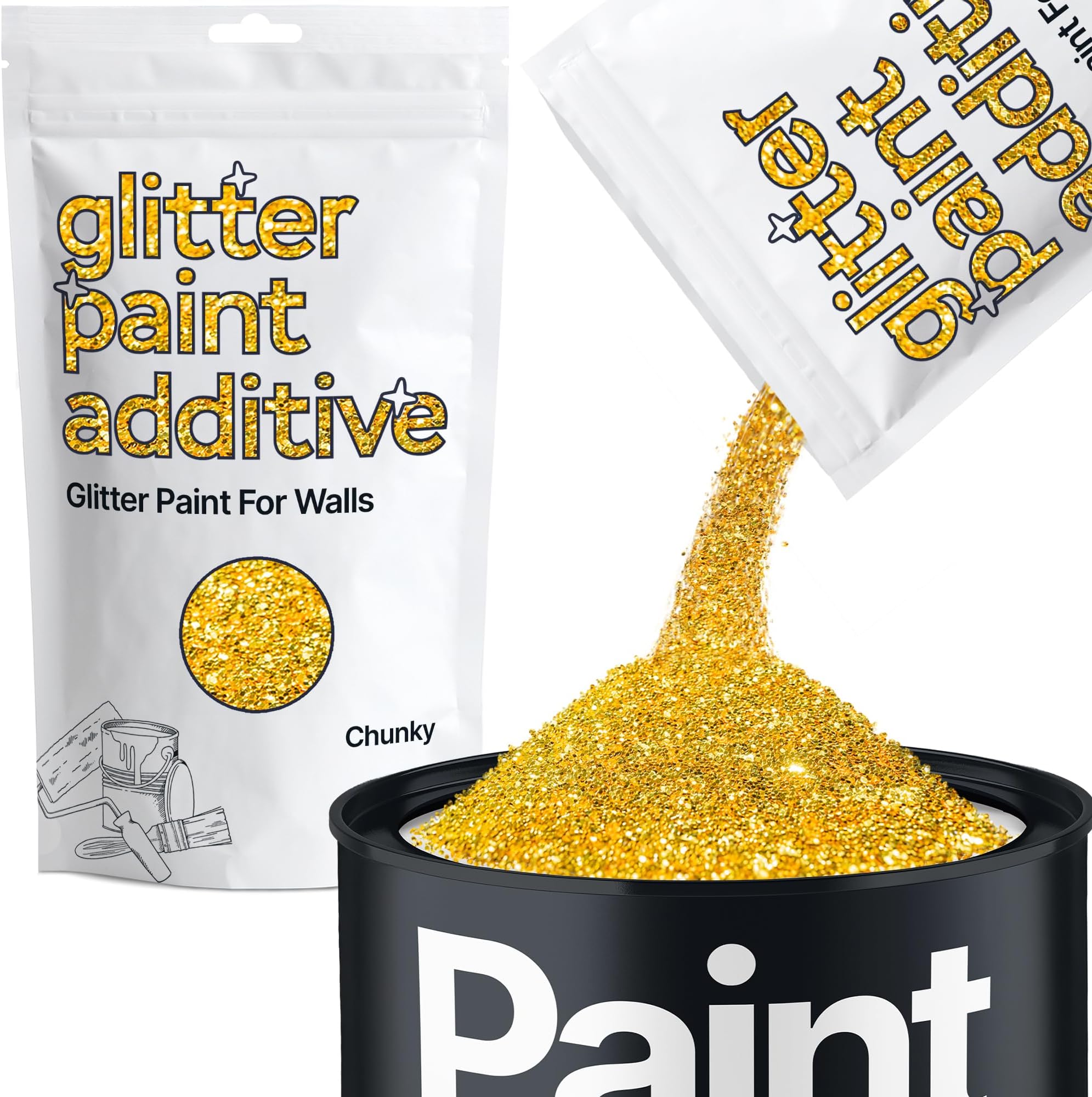 Gold Glitter Paint Additive for Walls Chunky 100g / 3.5oz | Glitter Additive Sparkle for Interior & Exterior Wall Paint, Furniture, Varnish | Hemway