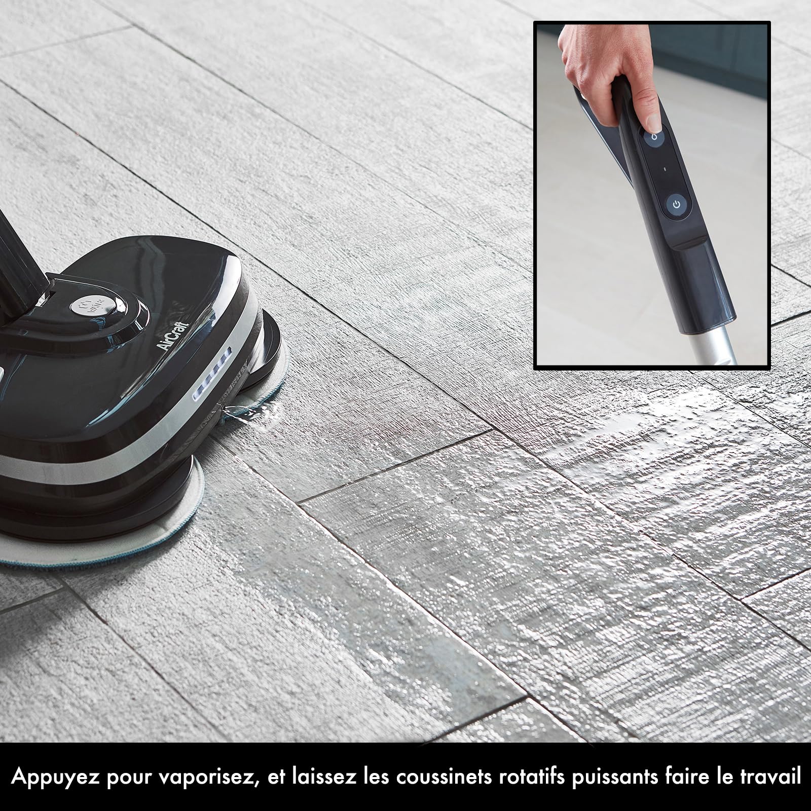 Aircraft PowerGlide Nettoyeur de Sol Dur sans Fil et Polisseuse à Plancher Rechargeable 2-en-1 avec 8 Tampons de Nettoyage, Idéal pour Les Sols en Bois, Carrelage, Stratifiés et en Pierre Naturelle