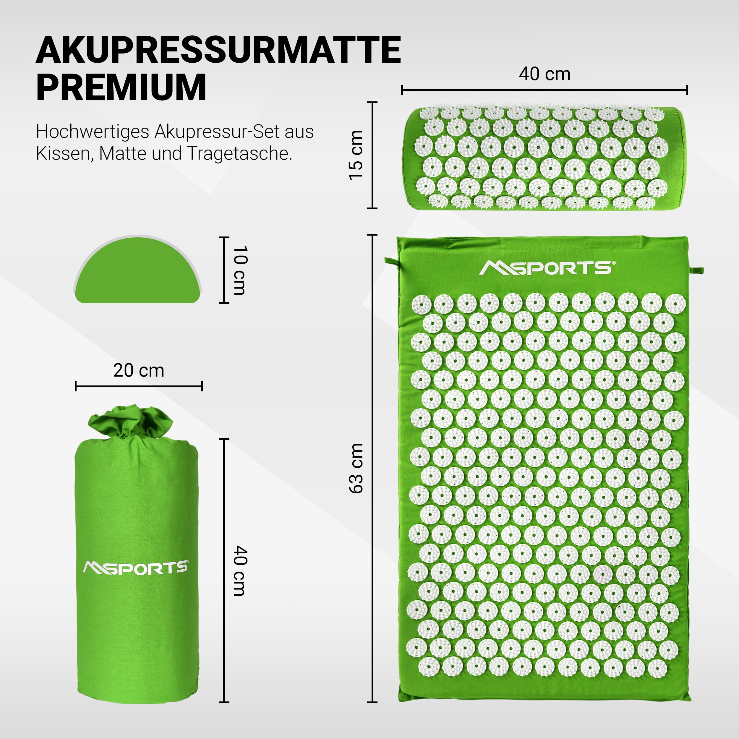 MSPORTS Akupressurmatte Premium Set mit Kissen, Tasche & App – Akupressur Set aus 100% Baumwolle – Nadelmatte zur Entspannung, gegen Verspannungen, Rücken- & Nackenschmerzen – Massagematte für Zuhause