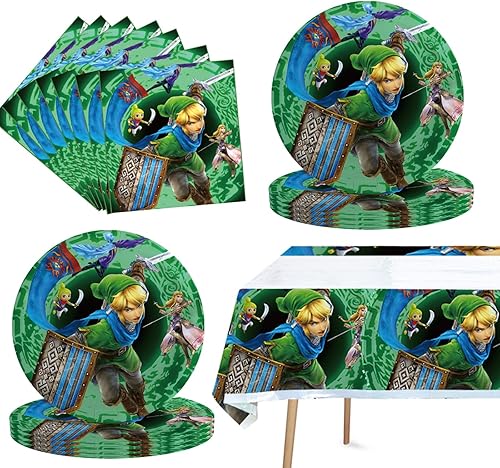 Paquete de 41 decoraciones de cumpleaños Zelda, 20 platos, 20 servilletas y 1 mantel para suministros de fiesta de cumpleaños de Zelda
