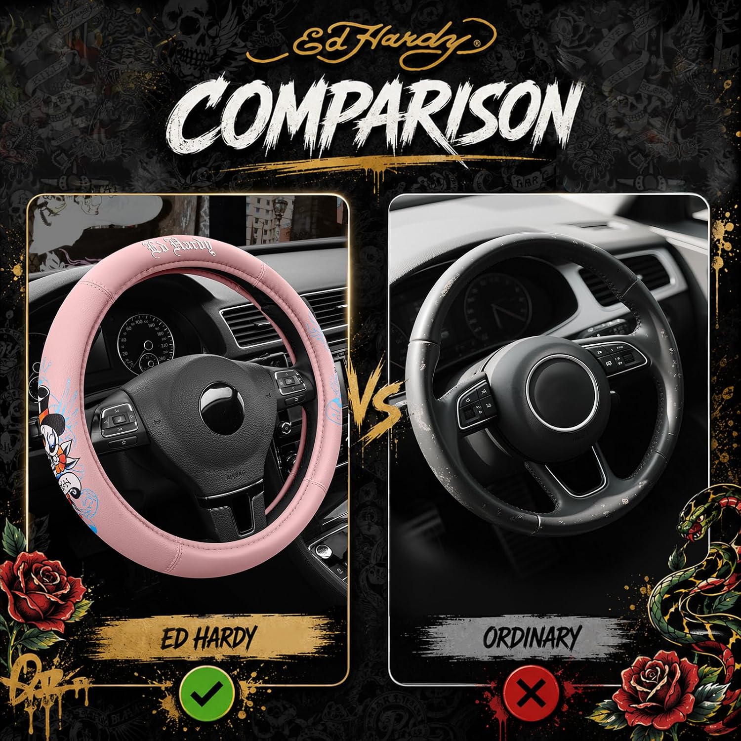 ED HARDY Steering Wheel Cover, Pink Premium Leather, Top Hat Skull Print, Universal Fit 14.5"-15.5" Steering Wheels, Non-Slip Grip, Waterproof & Scratch Resistant, Stylish Interior Accessory image 5