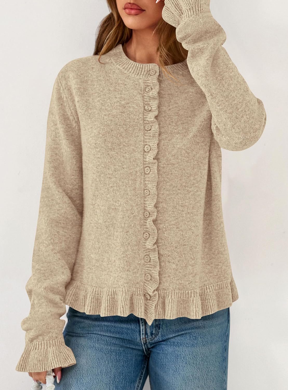 PRETTYGARDEN Womens Fall Button Down Cardigans Chunky Knit Ruffle Open Front Cropped Cardigan Sweaters Soft Long Sleeve Tops - Image 7