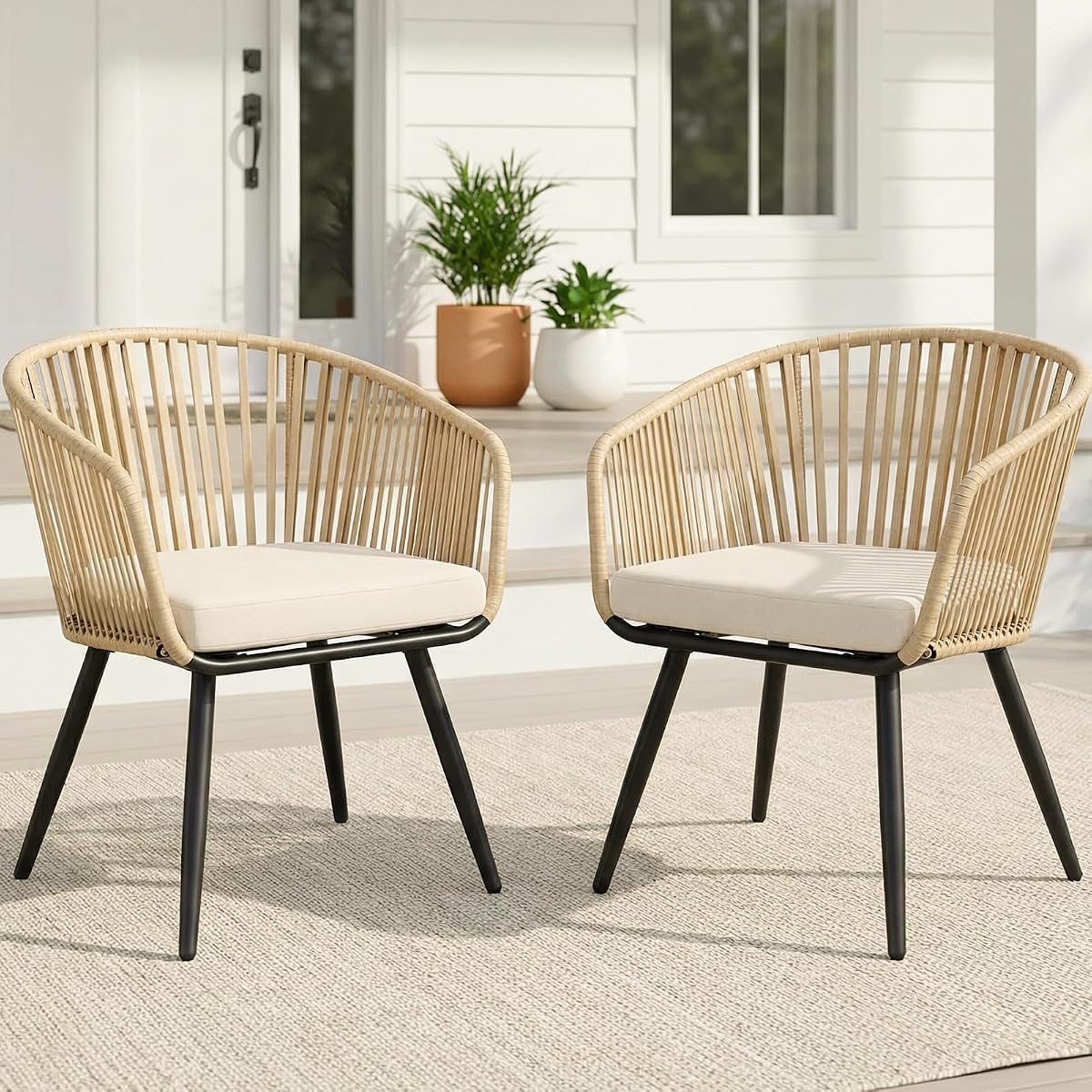 Wicker Patio Chairs Set of 2, Outdoor Dining Chairs, Cream | All-Weather PE Rattan Dining Chairs with Armrests and Cushions for Indoor Balcony, Porch, Backyard, Garden, 350 LBS Capacity