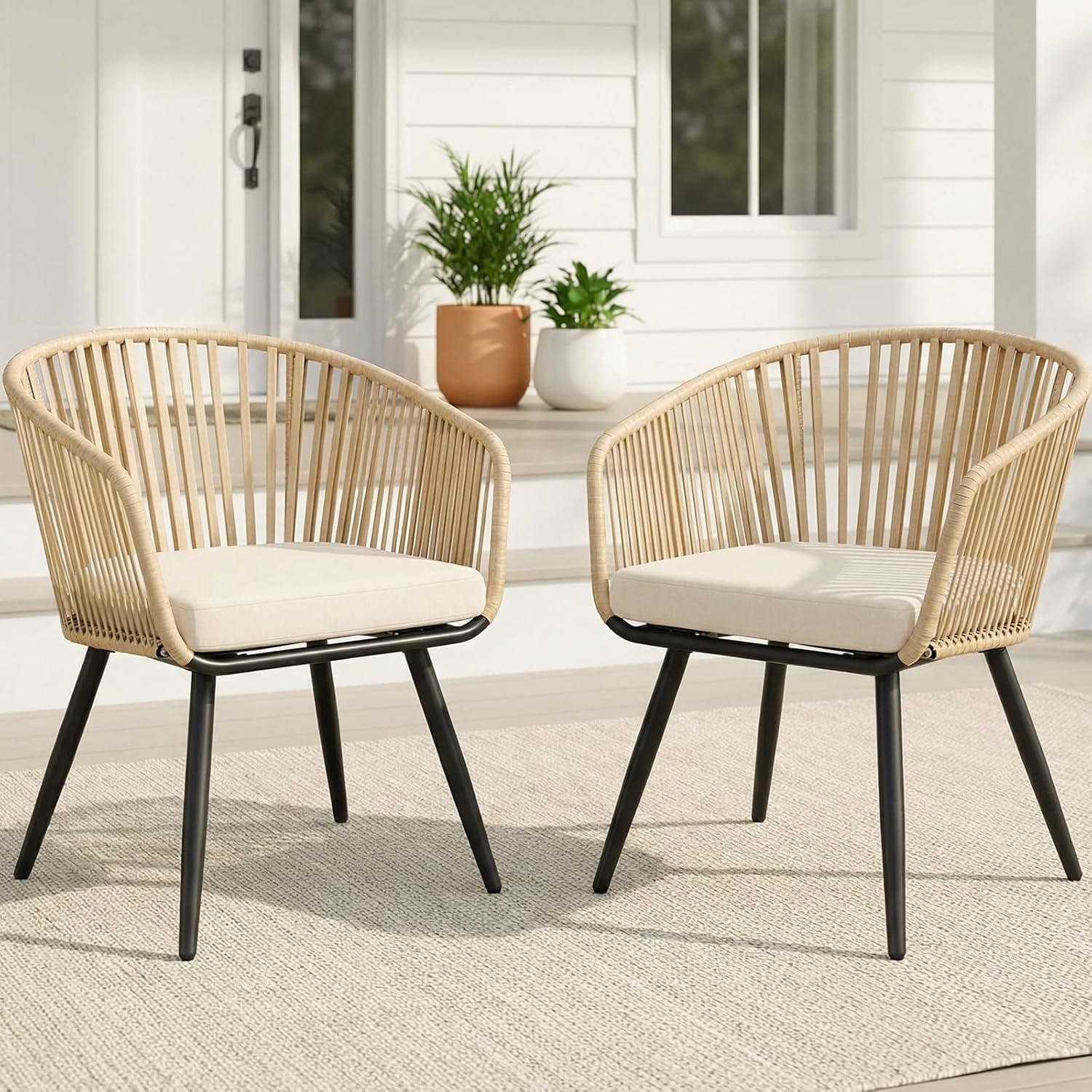 SWITTE Patio Dining Chairs Set of 2, Wicker Outdoor Dining Chairs with Thick Cushions, All-Weather Rattan Chairs for Indoor Balcony, Porch, Backyard, Garden, 350lbs Weight Capacity - Cream